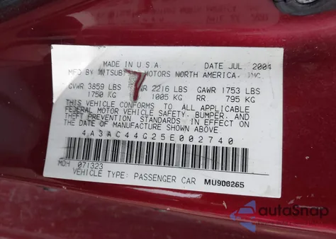 2005 Mitsubishi Eclipse Gs from USA, damaged, VIN 4A3AC44G25E002740